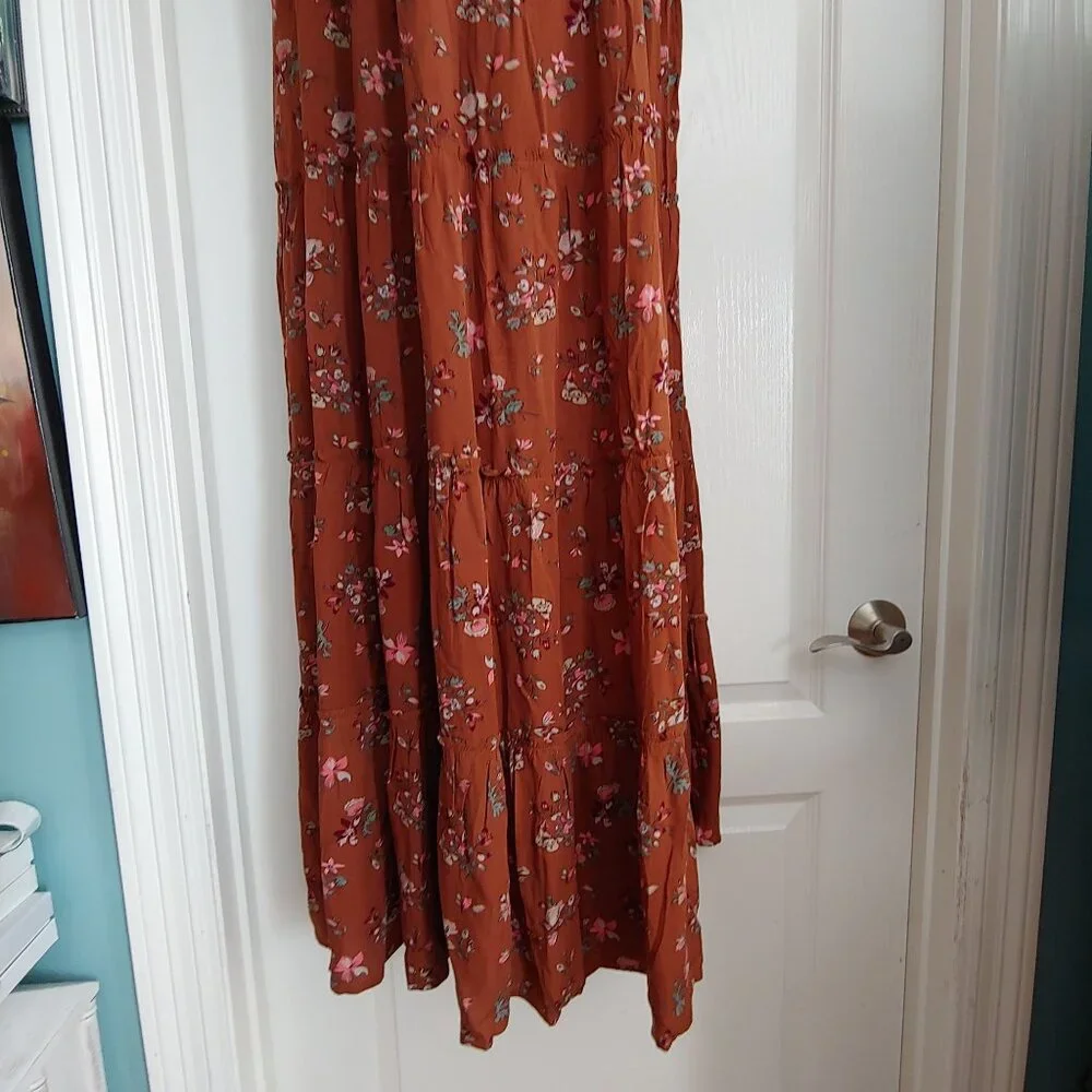 Natural Life Brown Floral Tiered Granola Soft Girl Square Neck Cottage Dress L - Picture 8 of 14